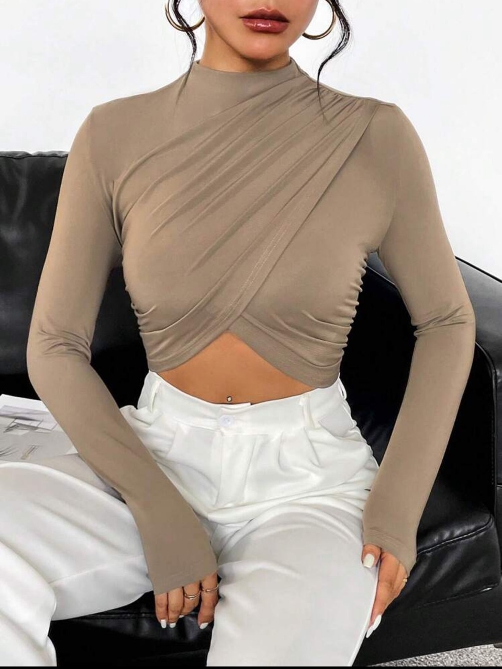 SHEIN Taupe Mock Neck Cross Wrap-Front Long Sleeve Crop Top